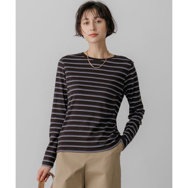 マルチボーダーフライス ロング Tシャツ （ブラウン）