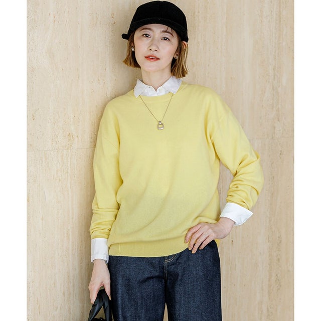 【見上愛さん着用】ピュアカシミヤ クルーネック ニット （ライトイエロー系）