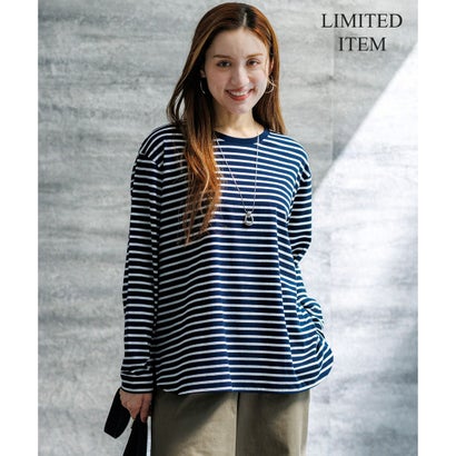 【Lサイズ限定】ナチュラルコットンベア ロングTシャツ （ネイビー×ホワイト系）｜詳細画像
