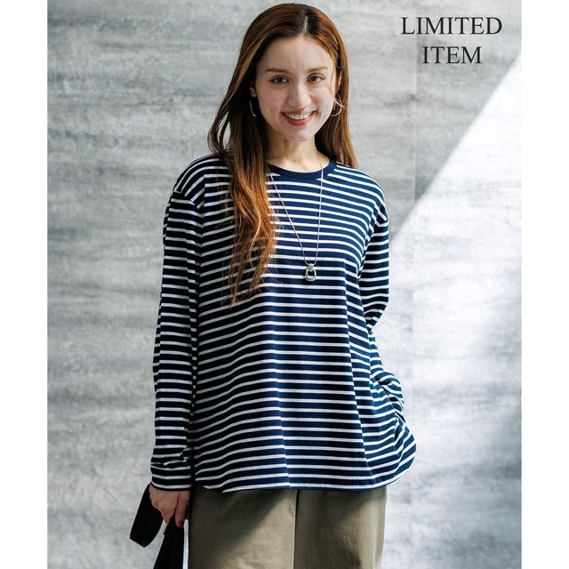【Lサイズ限定】ナチュラルコットンベア ロングTシャツ （ネイビー×ホワイト系）