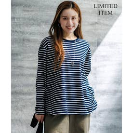 【Lサイズ限定】ナチュラルコットンベア ロングTシャツ （ネイビー×ホワイト系）