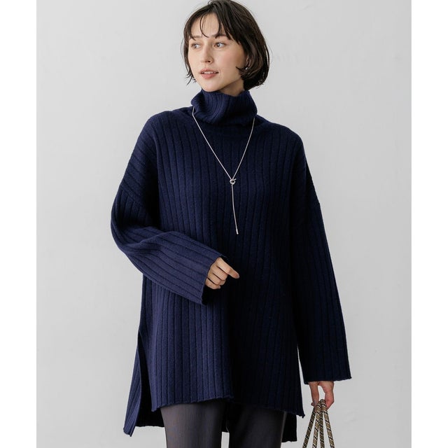 【SLOW/一部店舗限定】ウールベーシック ワイドリブ タートルネック ニット （ネイビー系）
