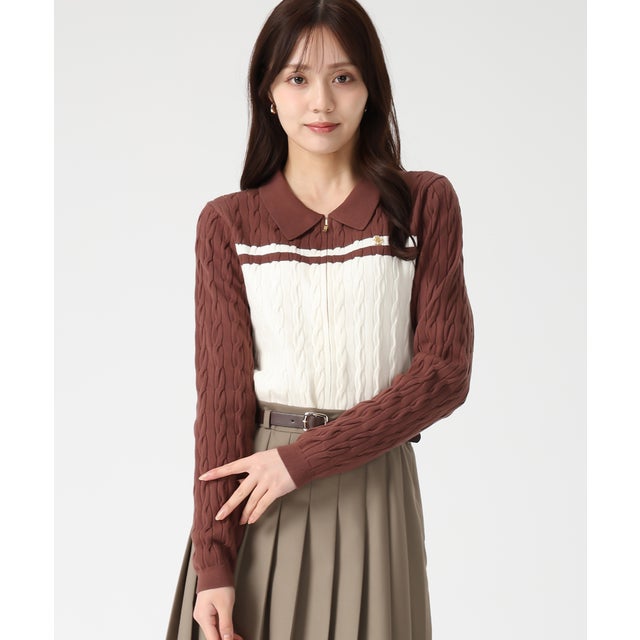 2025秋冬新作 ケーブル編みジップニット TT548308 （BROWN）