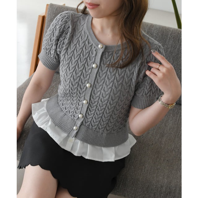 2026秋冬新作 パールボタンケーブルカーディガン TT638401 （GREY）