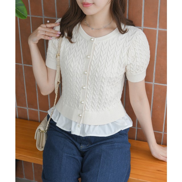 2026秋冬新作 パールボタンケーブルカーディガン TT638401 （OFF-WHITE）