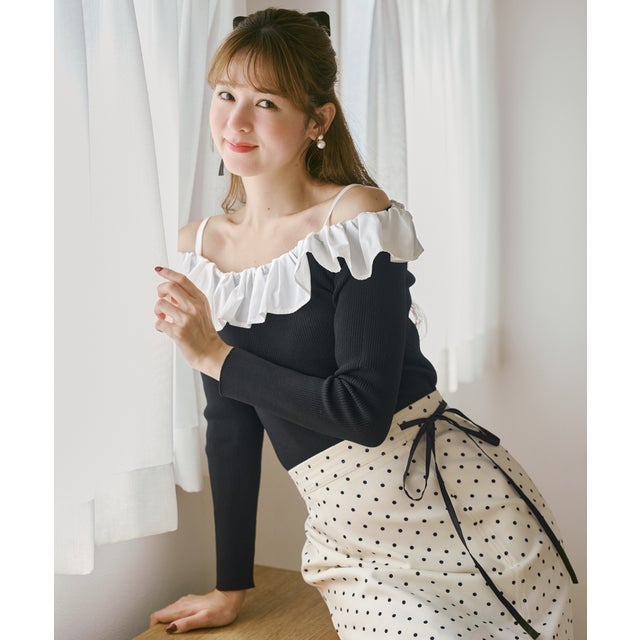 2026秋冬新作 オフショルコンビラッフルニット TT638304 （BLACK）