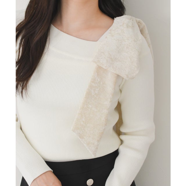 2026秋冬新作 アシメベロアリボンニット TT638305 （OFF-WHITE）