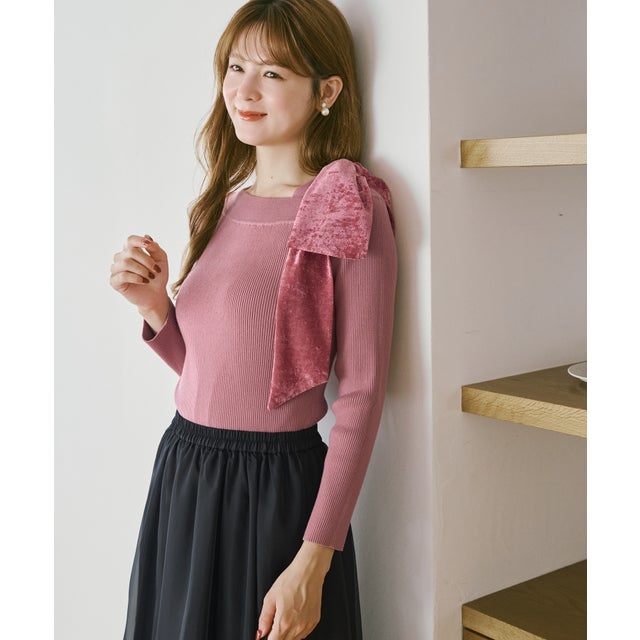 2026秋冬新作 アシメベロアリボンニット TT638305 （PINK）