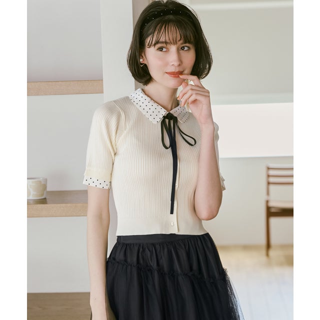 2026秋冬新作 配色襟リボン付きニット TT638307 （OFF-WHITE）