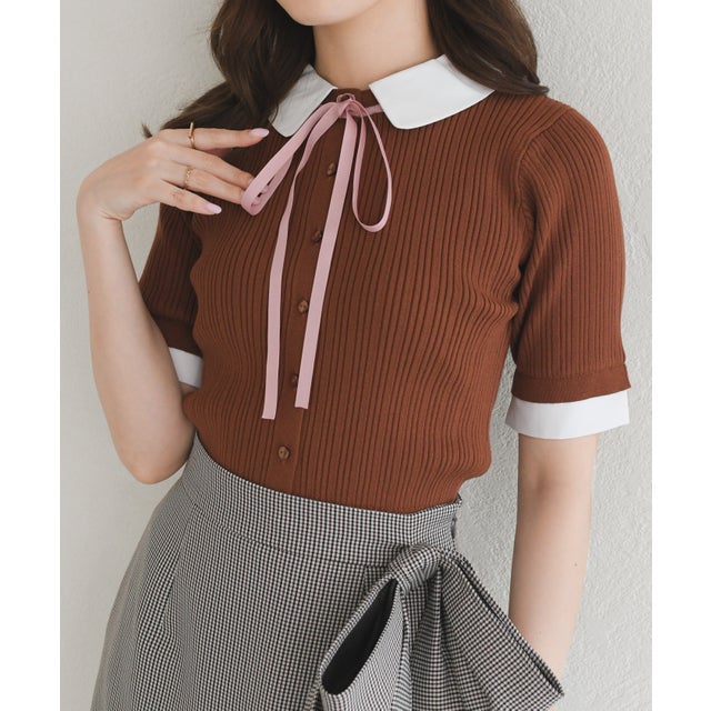 2026秋冬新作 配色襟リボン付きニット TT638307 （BROWN）