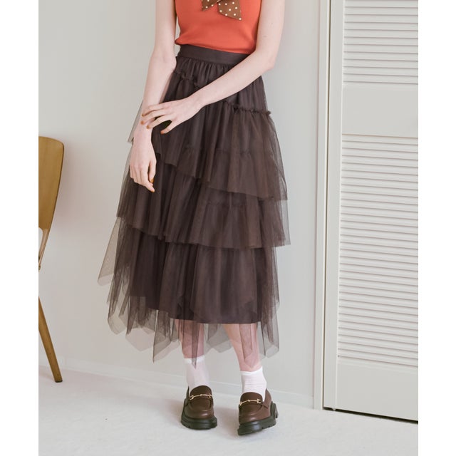2026秋冬新作 アシメティアードチュールスカート TT637206 （BROWN）