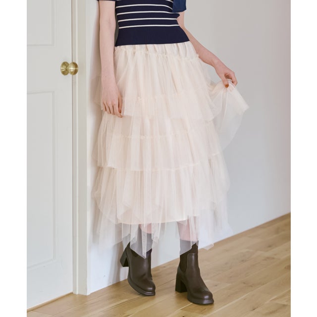 2026秋冬新作 アシメティアードチュールスカート TT637206 （OFF-WHITE）