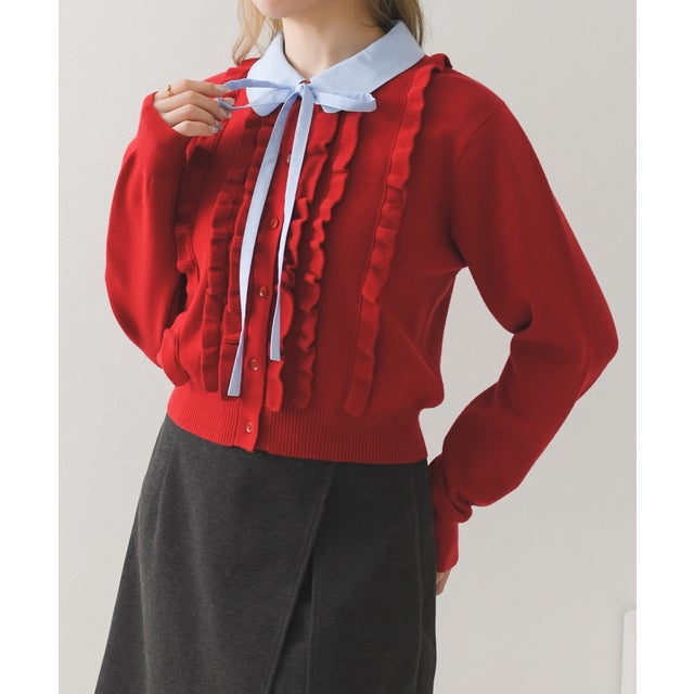 2026秋冬新作 襟付きフリルデザインカーディガン TT638406 （RED）