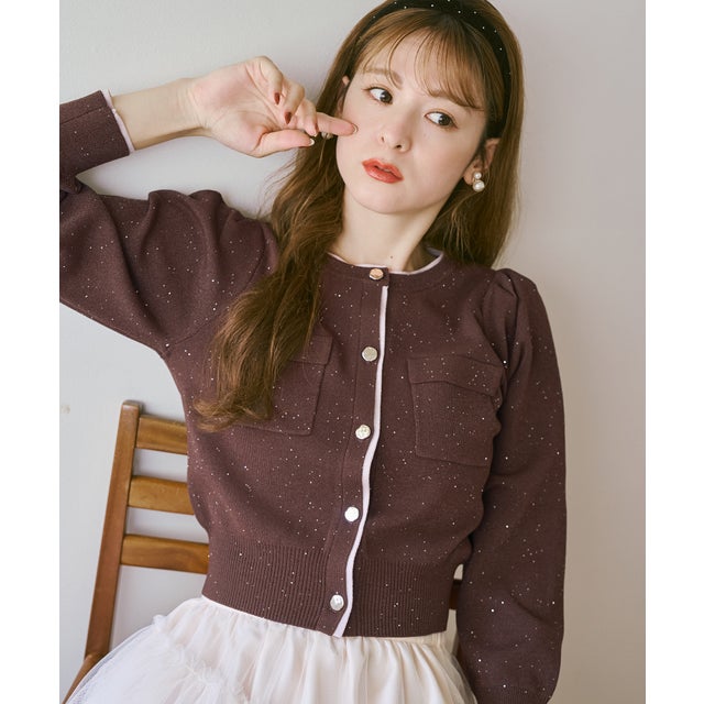 2026秋冬新作 スパンコールレイヤード風カーディガン TT638407 （BROWN）