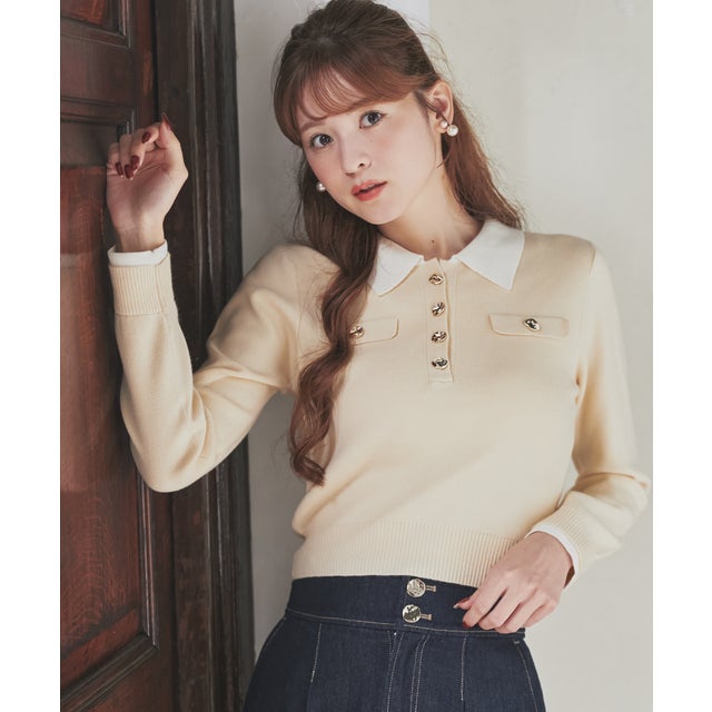 2026秋冬新作 配色襟ニュアンスボタンポロニット TT648306 （YELLOW）