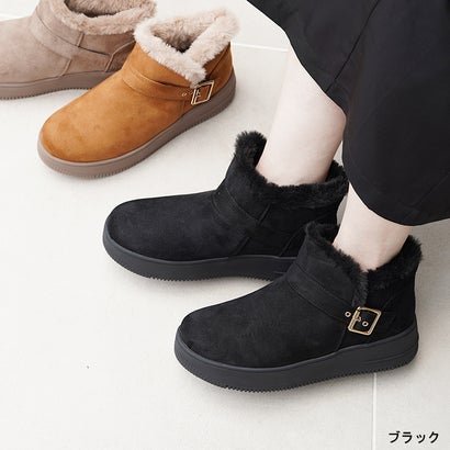 ハンズフリー ムートンブーツ ブーツ 厚底 ボアブーツ 5cmヒール ショートブーツ レディースア 甲高 幅広 軽量 黒 靴 歩きやすい 冬靴 あったかい （ブラック）｜詳細画像