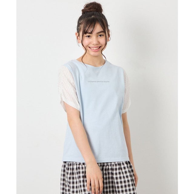 シアーギンガムフレアスリーブTシャツ （ライトブルー）