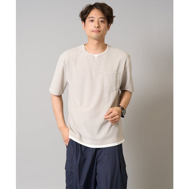 【定番アイテム】梨地フェイクレイヤードカットソー(Good Teeシリーズ） （ライトグレー）