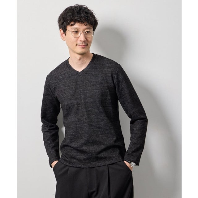 スラブメランジVネックスマートTシャツ （ブラック）