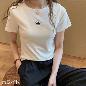 Tシャツ 半袖 ロゴプリント クルーネック 韓国 レディースファッション （ホワイト）