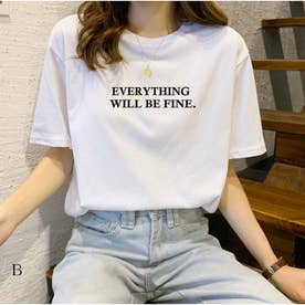 Tシャツ ロゴプリント 体型カバー トップス 半袖 クルーネック 韓国ファッション （B）