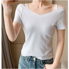 半袖Tシャツ ワンショル シンプル 肩魅せ 透かし ショートTシャツ レディース （ホワイト）