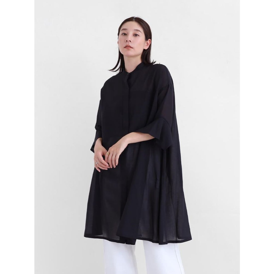 タグ付き】Aga（アーガ）バンドカラーロングシャツ☆ブラック9号 