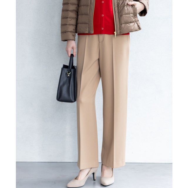 ストレッチストレートパンツ【無地・チェック柄・ローズオイル加工・後ろウエストゴム・セットアップ対応】 （ベージュ）