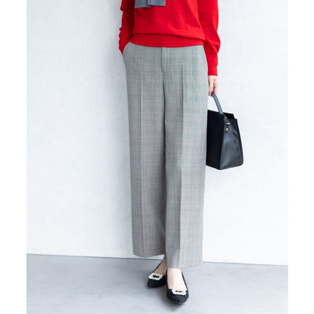 ストレッチストレートパンツ【無地・チェック柄・ローズオイル加工・後ろウエストゴム・セットアップ対応】 （ブラック）