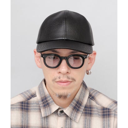 LOWCAP 6パネル ヴィンテージレザー調 合成皮革 カーブバイザー オンブレチェック柄 本革アジャスター （ブラック）｜詳細画像