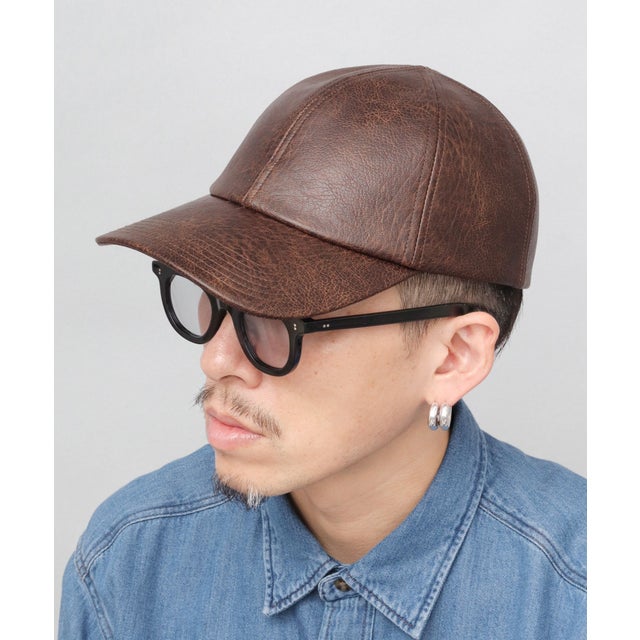 LOWCAP 6パネル ヴィンテージレザー調 合成皮革 カーブバイザー オンブレチェック柄 本革アジャスター （ブラウン）