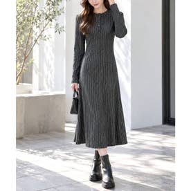 リブ編みロングワンピース レディース カジュアル おしゃれ きれいめ 大人可愛い フェミニン 秋冬 韓国ファッション 長袖 シンプル 無地 あったか （グレー）