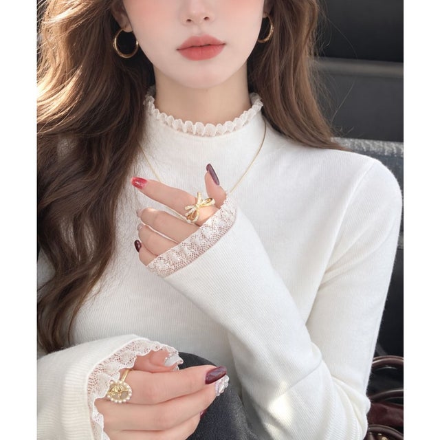 レースハイネック長袖ニット レディース トップス おしゃれ カジュアル フェミニン 春秋冬 大人かわいい 無地 シンプル 韓国ファッション 重ね着風 （ホワイト）