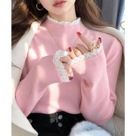 レースハイネック長袖ニット レディース トップス おしゃれ カジュアル フェミニン 春秋冬 大人かわいい 無地 シンプル 韓国ファッション 重ね着風 （ピンク）