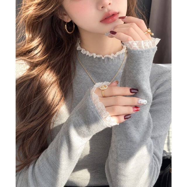 レースハイネック長袖ニット レディース トップス おしゃれ カジュアル フェミニン 春秋冬 大人かわいい 無地 シンプル 韓国ファッション 重ね着風 （グレー）