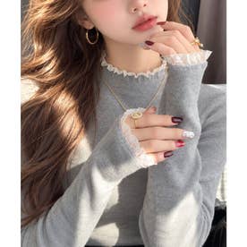 レースハイネック長袖ニット レディース トップス おしゃれ カジュアル フェミニン 春秋冬 大人かわいい 無地 シンプル 韓国ファッション 重ね着風 （グレー）