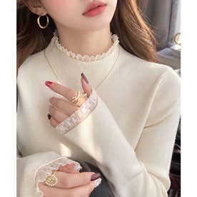 レースハイネック長袖ニット レディース トップス おしゃれ カジュアル フェミニン 春秋冬 大人かわいい 無地 シンプル 韓国ファッション 重ね着風 （アイボリー）