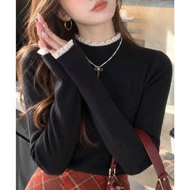 レースハイネック長袖ニット レディース トップス おしゃれ カジュアル フェミニン 春秋冬 大人かわいい 無地 シンプル 韓国ファッション 重ね着風 （ブラック）