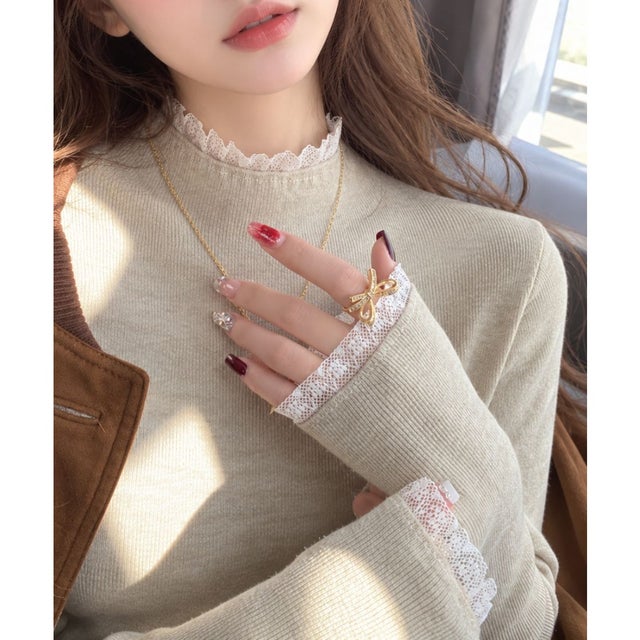 レースハイネック長袖ニット レディース トップス おしゃれ カジュアル フェミニン 春秋冬 大人かわいい 無地 シンプル 韓国ファッション 重ね着風 （ベージュ）