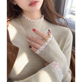 レースハイネック長袖ニット レディース トップス おしゃれ カジュアル フェミニン 春秋冬 大人かわいい 無地 シンプル 韓国ファッション 重ね着風 （ベージュ）