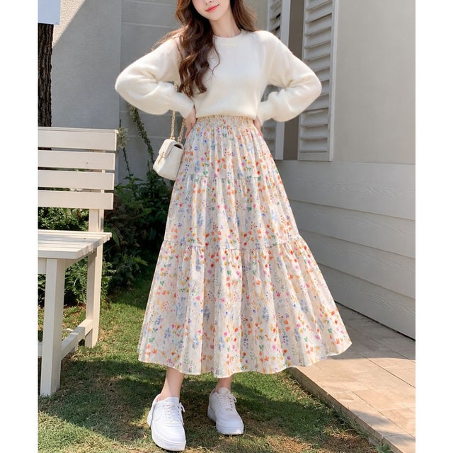 花柄ティアードロングスカート レディース カジュアル おしゃれ フレア 上品 Aライン 韓国ファッション 大人かわいい きれいめ フェミニン デイリー （オレンジ）