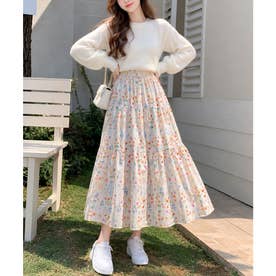 花柄ティアードロングスカート レディース カジュアル おしゃれ フレア 上品 Aライン 韓国ファッション 大人かわいい きれいめ フェミニン デイリー （オレンジ）