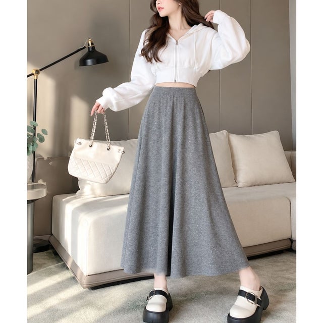 Aラインラメロングスカート レディース カジュアル おしゃれ 秋冬 韓国ファッション 大人かわいい きれいめ ウエストゴム シンプル お出かけ 無地 （ライトグレー）