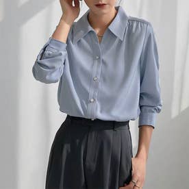 長袖シャツブラウス レディース オフィス カジュアル 韓国 韓国ファッション 春 夏服 20代 30代 無地 （ブルー）