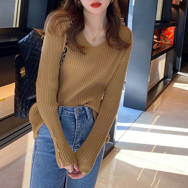 袖ボタン付きリブニット レディース カジュアル 10代 20代 30代 韓国ファッション 韓国 春 秋服 無地 長袖 Vネック 上品 キレイめ （ベージュ）
