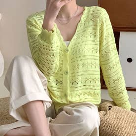 透かし編みカーディガン 春 夏服 秋 韓国ファッション 10代 20代 30代 レディース UV 羽織り はおり ナチュラル 日焼け対策 紫外線対策 （イエロー）