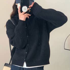 シンプルニットパーカー 春 秋 冬 韓国ファッション 10代 20代 30代 レディース 黒 白 カジュアル 可愛い 大人 羽織り 上着 フード付き （ブラック）