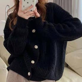 ケーブル編みカーディガン 春 秋 冬 韓国ファッション 10代 20代 30代 レディース 黒 白 ニット シンプル 可愛い 大人 上品 ボタン （ブラック）