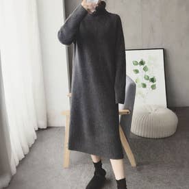ハイネックニットワンピース レディース 10代 20代 30代 韓国ファッション 秋 冬 カジュアル 可愛い 上品 シンプル 黒 長袖 デート （グレー）