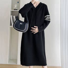 カジュアルニットワンピース レディース 10代 20代 30代 韓国ファッション 春 秋 冬 カジュアル 可愛い 黒 フード シンプル 長袖 （ブラック）